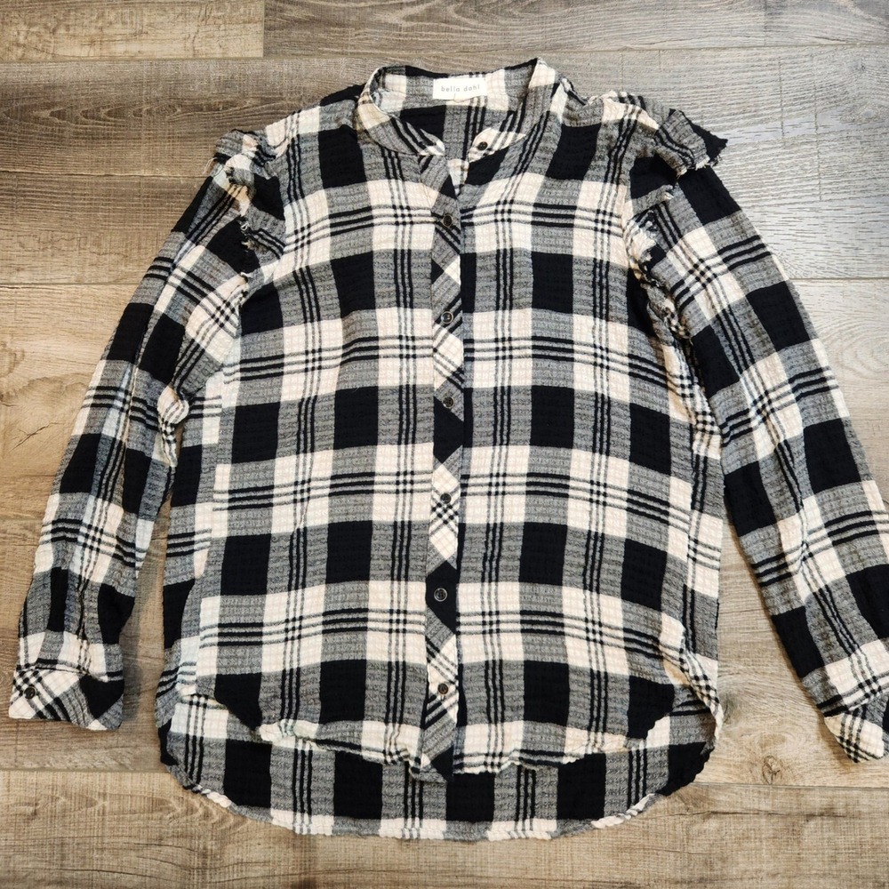 Bella Dahl Plaid Button Down Women Small Black White Excellent Ruffle Shoulder